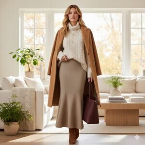 En Saison Beige Gweneth Pull-on Ribbed Trumpet Skirt